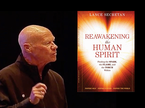 Collage of Dr. Lance Secretan speaking and his book "Reawakening the Human Spirit".